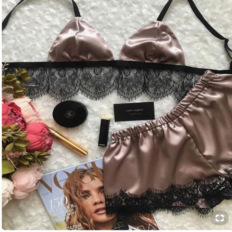 Satin and Lace Sexy Lingerie Bra and Shorts 2 Piece Sleep Set