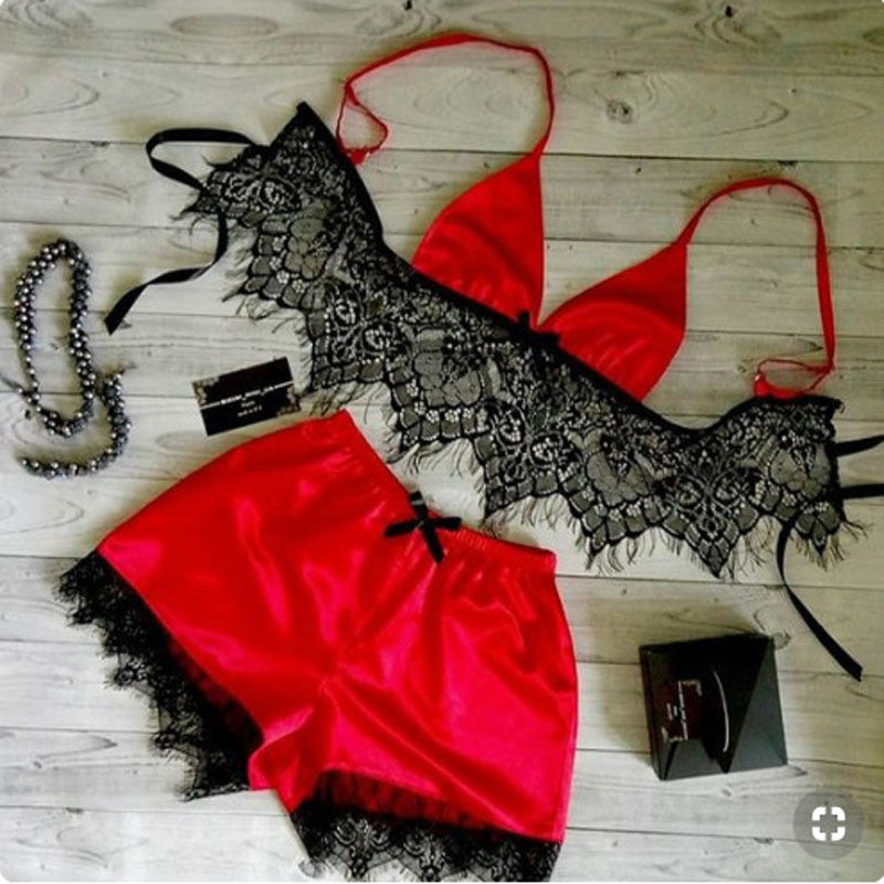 Satin and Lace Sexy Lingerie Bra and Shorts 2 Piece Sleep Set