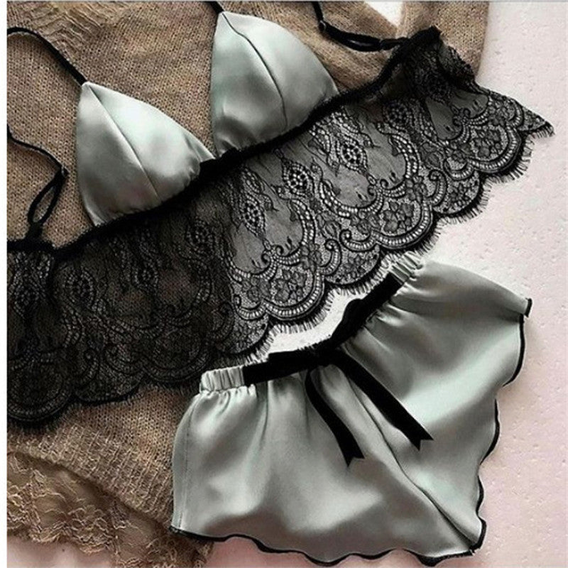 Satin and Lace Sexy Lingerie Bra and Shorts 2 Piece Sleep Set