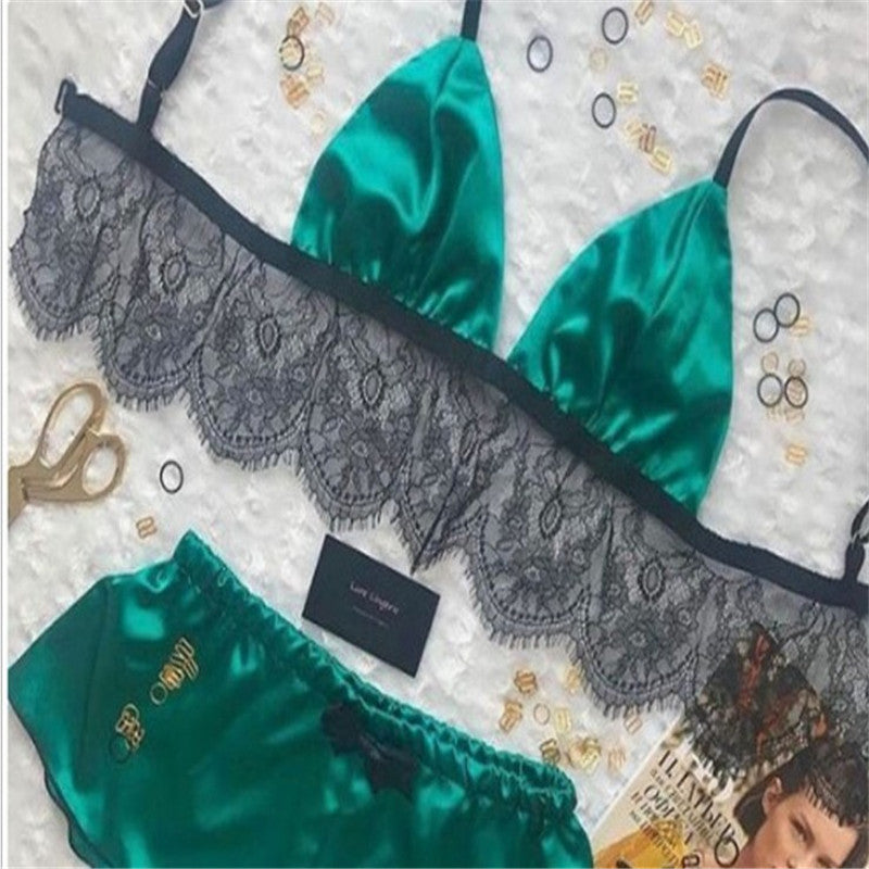 Satin and Lace Sexy Lingerie Bra and Shorts 2 Piece Sleep Set